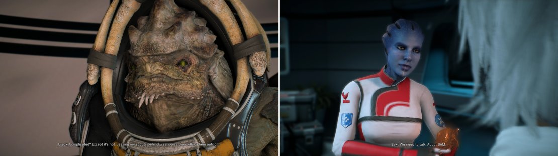 Drack&rsquo;s reception will be either warm or frosty, depending on your choice during the rescue mission (left). Lexi&rsquo;s concerns about the mission are somewhat more professional (right).