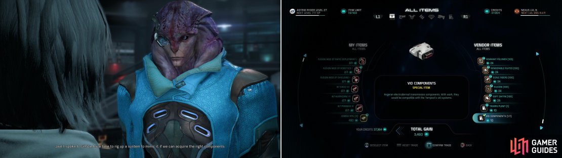 Talk to Jaal on the Tempest to learn that he, too, has a request for the upcoming &ldquo;Movie Night&rdquo; (left). Purchase the desired Vid Components from the General Goods Merchant on Aya (right).