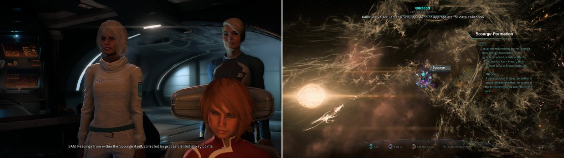 Discuss the next step with part of your crew (left) then set about putting their plan into action - probe the Scourge in three systems (right) to narrow down Meridian&rsquo;s location.