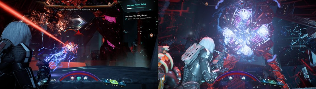 Reach the first Power Relay and fight off the Remnant that attack (left), but be wary of the Archon&rsquo;s charged laser, as it penetrates cover (right).