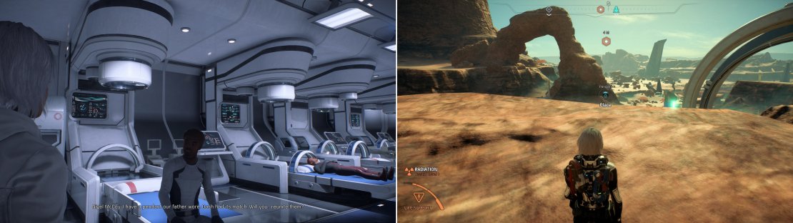 Talk to Nigel McCoy on the Hyperion (left) then fulfill his wishes and reuinite his pendant with his brother&rsquo;s on a hill overlooking Site 1 (right).