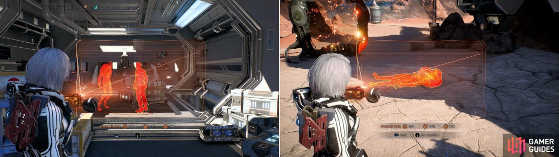 Scan domiciles in Site 2 to reconstruct the colony&rsquo;s final moments (left). You can also find numerous bodies scattered about for the quest &ldquo;Task: Naming the Dead&rdquo; (right).