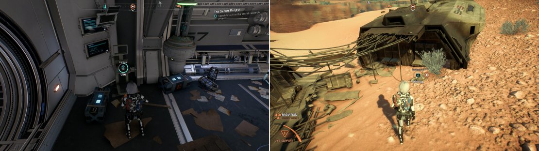 Activate a console to obtain Site 2&rsquo;s secret project intel (left) then search for the missing components of said project (right).