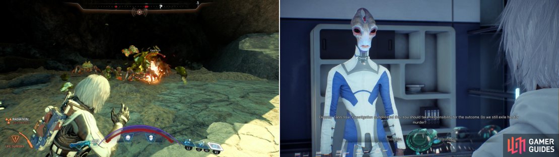 Track the evidence to a cave filled with Kaerkyns (left) where you&rsquo;ll find some damning evidence. Return to the Nexus and decide how to handle the siutation with Director Tann (right).
