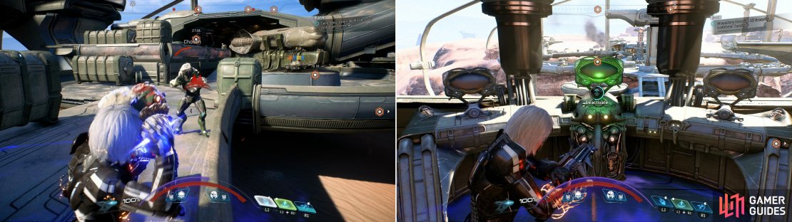 As you proceed deeper into the Kett base, you&rsquo;ll have to fight through endless waves of Kett (left) to reach and disable three Security Lockdown Terminals (right).