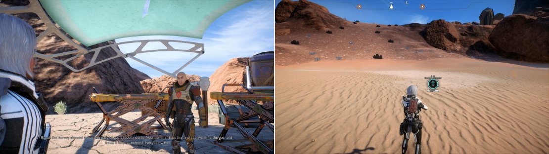 A Scout from the &lsquo;sovereign state of Advent&rsquo; will try to strike a deal with you (left) either tap a natural gas deposit, or go after the water both you and Advent need (right).