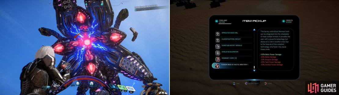 After dealing sufficient damage to its legs, you&rsquo;ll be able to focus on the Architect&rsquo;s head Conduit (left). Destroy the head Conduit and hack the Architect, after which it&rsquo;ll leave behind treasure - in this case including the Fusion Mod of Biotic Mastery I (right).