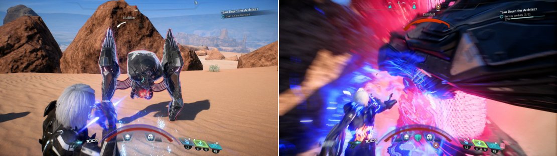 The Architect will regularly summon lesser Remnant you need to dispose of (left). Attack the Architect&rsquo;s legs when they are exposed (right).