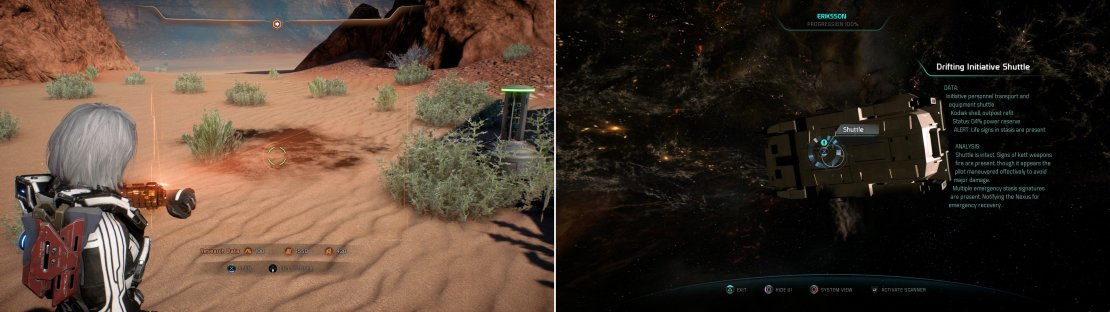 Scan the Shuttle Burn Marks at various navpoint-marked &ldquo;muster sites&rdquo; (left) then track down some surviving colonists in the Eriksson System (right).