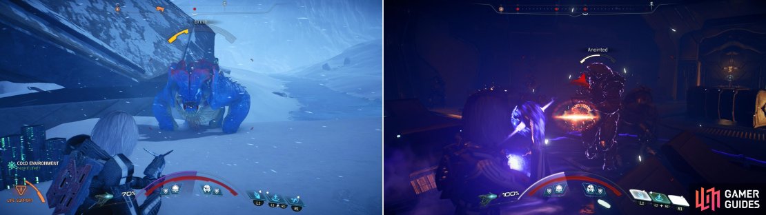 Voeld is crawling with dangerous wildlife, most notably the Eiroch (left). There&rsquo;s also numerous Kett encampments and strongholds (right).