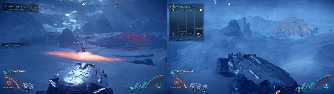 Scattered Forward Stations will provide zones of safety amidst Voeld&rsquo;s harsh weather (left) and the planet is unusually abundant in valuable resources (right).