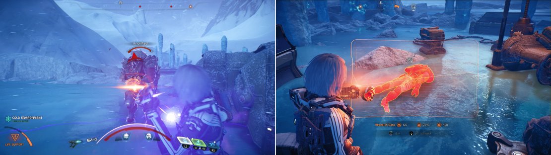 As you explore Voeld, raid unmarked Kett camps (left) and with luck you&rsquo;ll find randomly spawning Angaran corpses you can scan (right).
