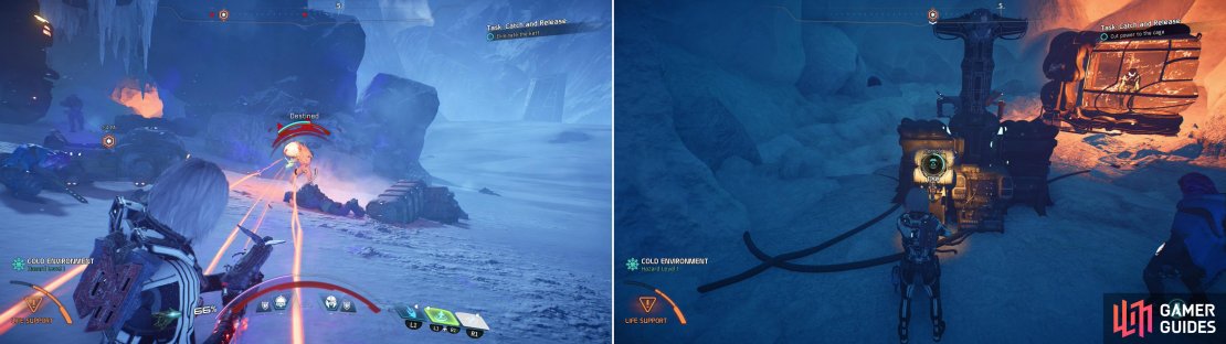 Scan enough Angaran corpses and you&rsquo;ll get a navpoint leading you to a fortified cave crawling with Kett (left). Defeat them and their reinforcements, then free an Angaran prisoner (right).