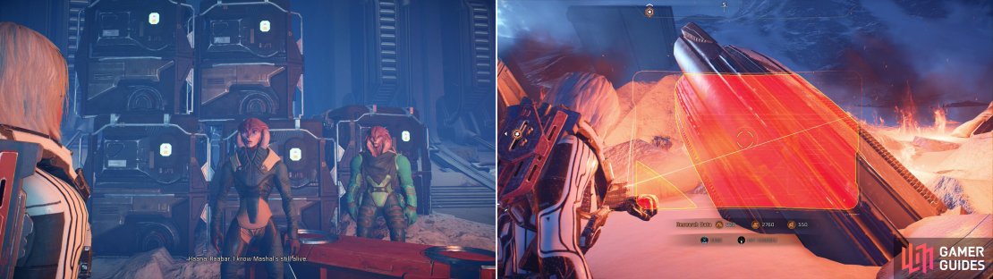 Talk to Haana at the Resistance Base to find out about her friend Mashal (left), then scan the ruins of the weapon&rsquo;s depot she destroyed (right).