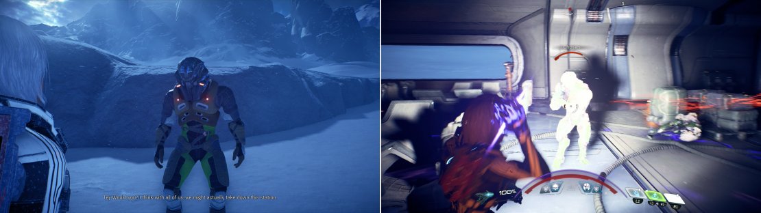 Find Tej near a Kett outpost, where he&rsquo;s wisely having a crisis of confidence (left). Do the heavy lifting for him and eradicate the Kett (right).