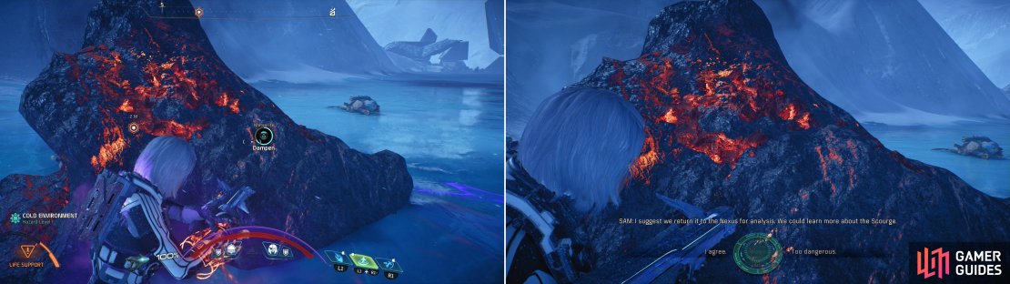 Fend off waves of Wild Adhi as you attempt to dampen the meteorite&rsquo;s signal (left) after which you&rsquo;ll have to decide what to do with the troublesome rock (right).