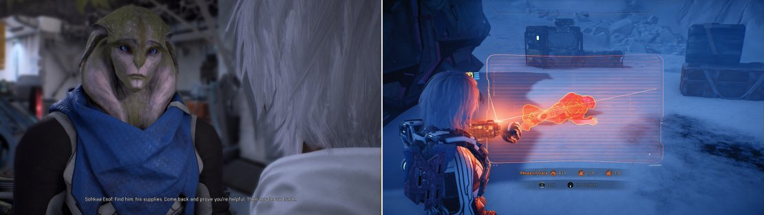 Talk to Sohkaa Esof on Aya, who will task you with finding his missing supplier (left) who can be found on Voeld&hellip; or rather, his corpse can be found (right).