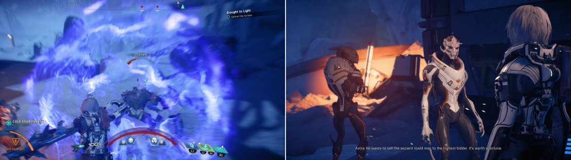 Kill the Kett that are harassing some Turians (left) after which the Turians will tell you the truth about Rjoek&rsquo;s little errand (right).
