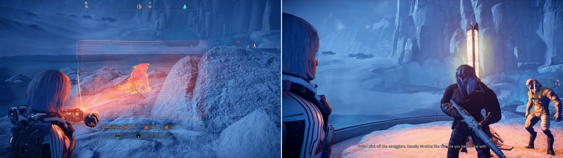 Scan the invisible Wraith &ldquo;White Death&rdquo; (left) and after the Angaran sniper takes his shot, head over to his position near the Techiix Station (right).