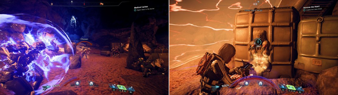 Fight through the caves near the Kett base (left) and disable the base&rsquo;s shielding (right).