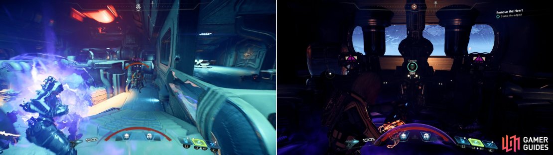 After destroying the Hangar Platforms, the base&rsquo;s commanding officer - the Prefect - will show himself (left). Defeat the Prefect and ride an elevator to the base&rsquo;s command center, where you can finally disable the outpost entirely (right).