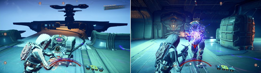 Activate consoles to destroy the base&rsquo;s Hangar Platforms (left) but be wary, as Kett will spawn as you activate the consoles (right).