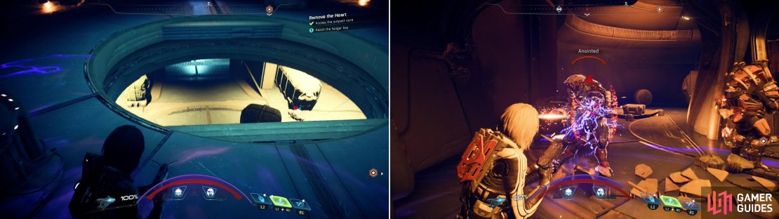 Drop down the hole to reach the base&rsquo;s core facilities (left) and kill whatever Kett you find waiting for you (right).