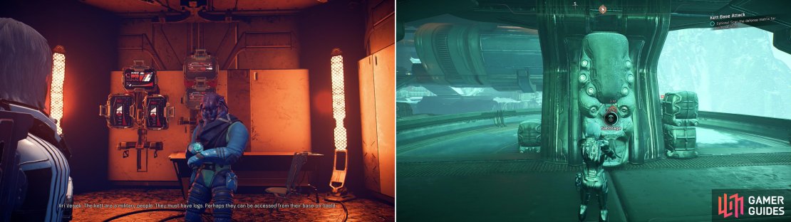 Talk to Ari Vesjek at the Techiix Station and he&rsquo;ll request you go acquire some Kett logs (left). Sabotage some consoles at the main Kett base on Voeld (right).