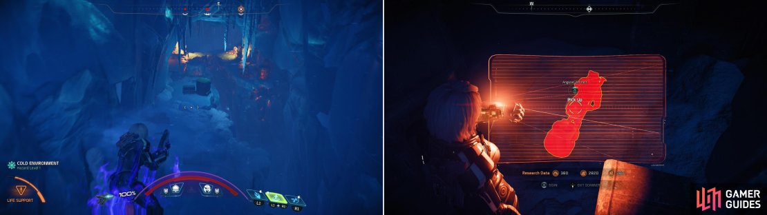 Complete the quest &ldquo;Remove the Heart&rdquo; after which you can explore the buried Angaran city of Ja Niihk (left). Be sure to pick up an Angaran Artifact as you explore (right).