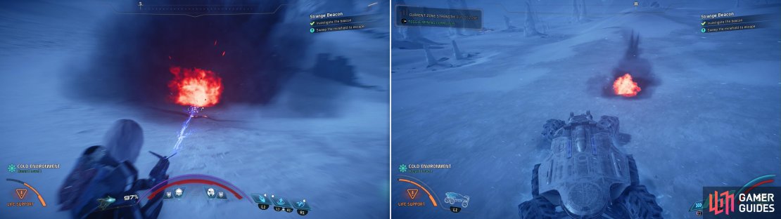 You can go around scanning and destroying mines (left), but it&rsquo;s far simpler to just hop in the Nomad and drive away (right).