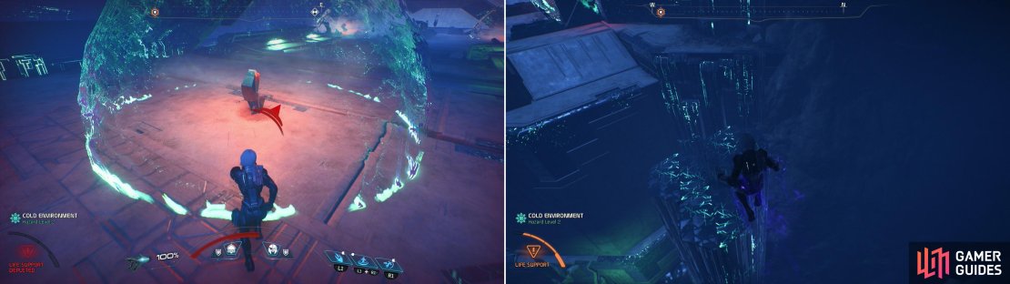 Voeld&rsquo;s vault is unique in that the environment will be a constant threat, requiring you to seek out the safety of Remnant Shield Chargers to recover your life support (left). Platforming is another tedious feature of the vault on Voeld (right).