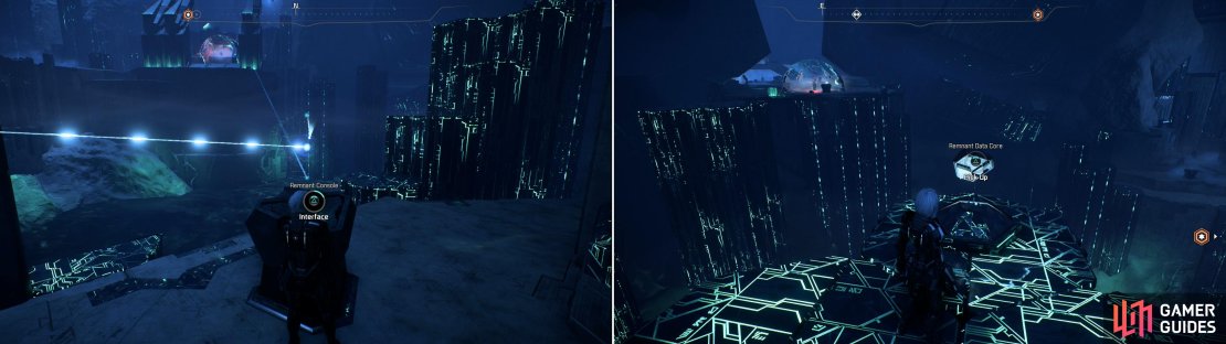 Activate a series of Remnant Consoles to raise a distant platform (left) upon which you&rsquo;ll find a Remnant Data Core (right).