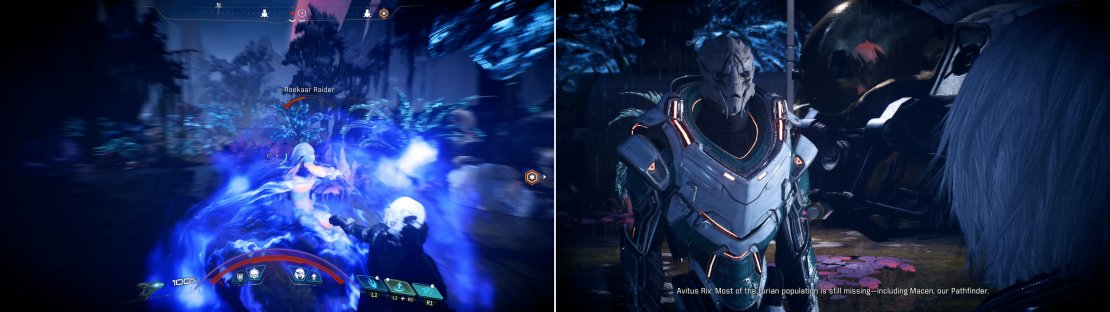 Fend off the Roekaar attacking the Turian camp (left) then talk to Avitus Rix (right) to learn what he knows of the Turian Ark&rsquo;s fate.