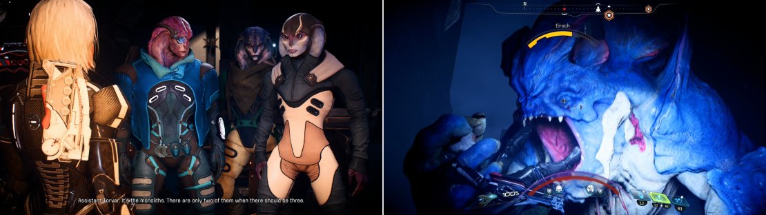 After saving Havarl&rsquo;s scientists you&rsquo;ll be trusted with a major task - restoring Havarl&rsquo;s vault, which has some unique complication (left). Be wary of a sneaky Eiroch lurking in Havarl&rsquo;s trench (right).