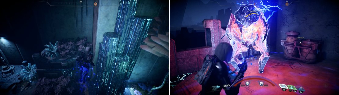 Once on the exterior of the Remnant structure you&rsquo;ll have to continue platforming to reach the top (left) stopping only to dispatch the odd bit of Remnant resistance (right).