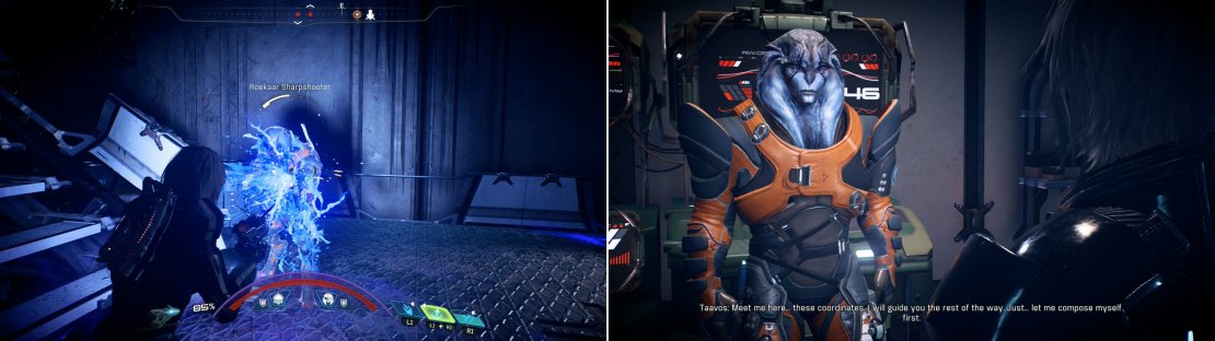 Right your way through numerous Roekaar strongpoints (left) then enlist Taavos&rsquo; help (right).