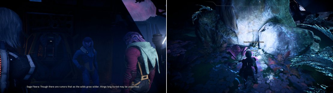 Sage Fleera will mention some Remnant artifacts that may have been exposed by Havarl&rsquo;s hyperactive plant growth (left). They&rsquo;re not marked on your map, but your scanner and their tell-tale lightning should give them away (right).