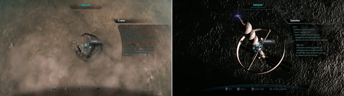 On Vinland you&rsquo;ll find a crater you can scan for some XP (left) while over Habitat 7 you&rsquo;ll find a unintentionally deployed satellite, which is worth Research Data when scanned (right).
