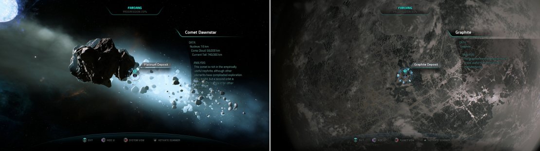 Faroang is home to the Comet Dawnstar, from which Platinum can be extracted (left). On Yilfaen you&rsquo;ll find Graphite (right).