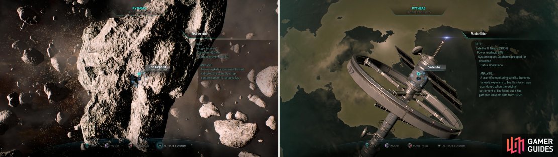 Scan an Asteroid to nab some iron (left) while orbiting H-276 you&rsquo;ll find a Satellite (right).