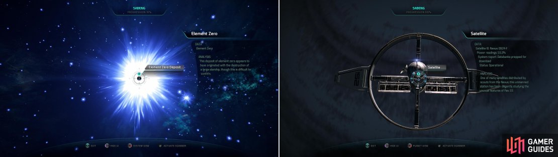 A rare deposit of Element Zero can be found in this system (left), while orbiting Pas-33 you&rsquo;ll find a Satellite (right).