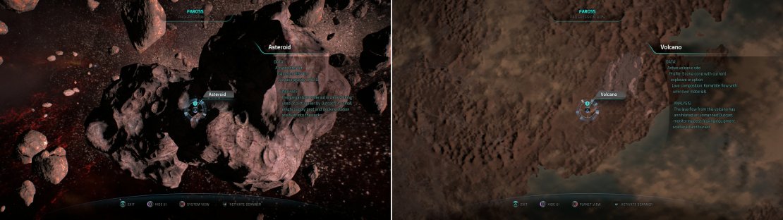 You&rsquo;ll gain some XP if you notice that some Outcasts have built a small supply post on an Asteroid (left). On Grill you&rsquo;ll find a Volcano, which is also worth XP (right).