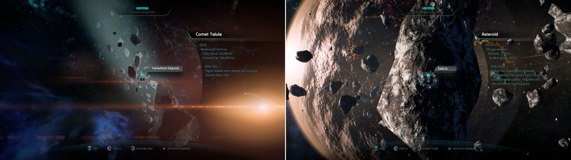 Comet Talula will bestow you with some Vanadium if you drop by (left) while an Asteroid in Kamiiro No&rsquo;s ring system can be scanned for some XP (right).