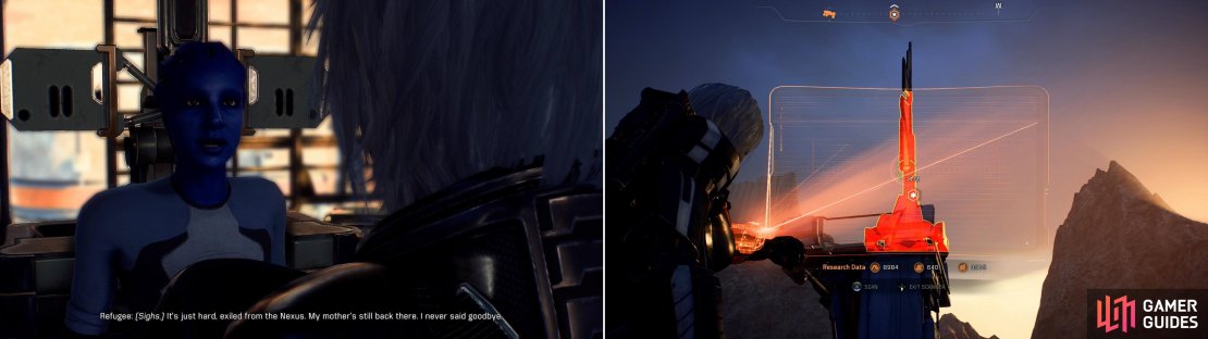 Talk to the Asari Refugee and she&rsquo;ll complain about not being able to contact her family on the Nexus (left) scan, then repair the Communication Array (left) to fulfill her wishes.