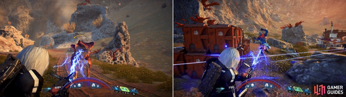 Not only will you face familiar Heleus wildlife on Kadara (left), but the lawless nature of the badlands makes it home to plenty of ne&rsquo;er-do-wells (right).