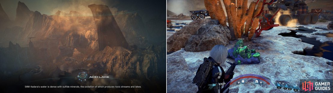 Heed SAM&rsquo;s advice - stay out of Kadara&rsquo;s water (left). As befitting such a toxic planet, nodes of Uranium and other minerals can be found on the surface (right).