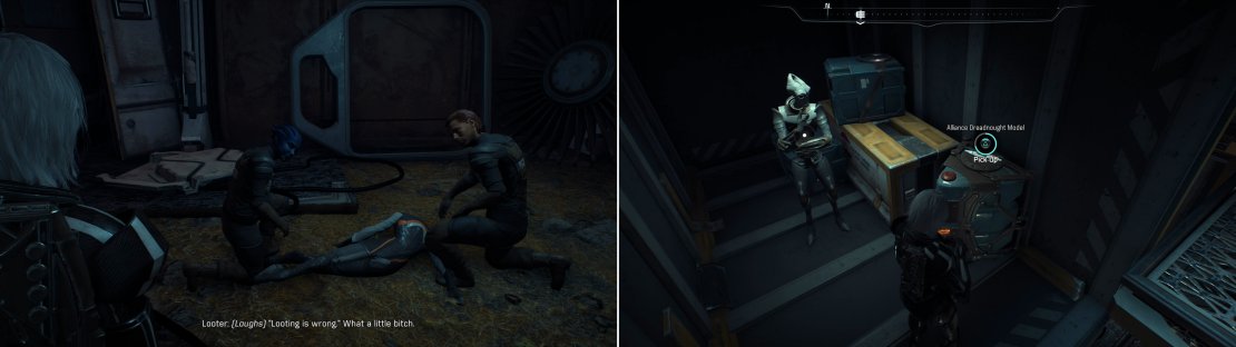 Searching around Kadara Slums will quickly inform you that it&rsquo;s a dangerous, brutal place (left), but there are a few treasures to be found (right).