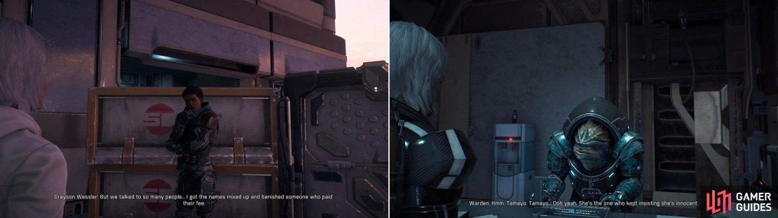 Grayson Wessler will tell you about his dangerous incompetence (left), while the Warden will give you a location&hellip; and a reason not to take your time! (right)