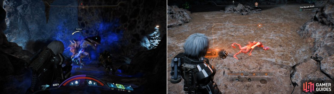 The cave is full of nasty beasties (left), but press on and you&rsquo;ll find out what happened to Derc&rsquo;s surveyor (right).