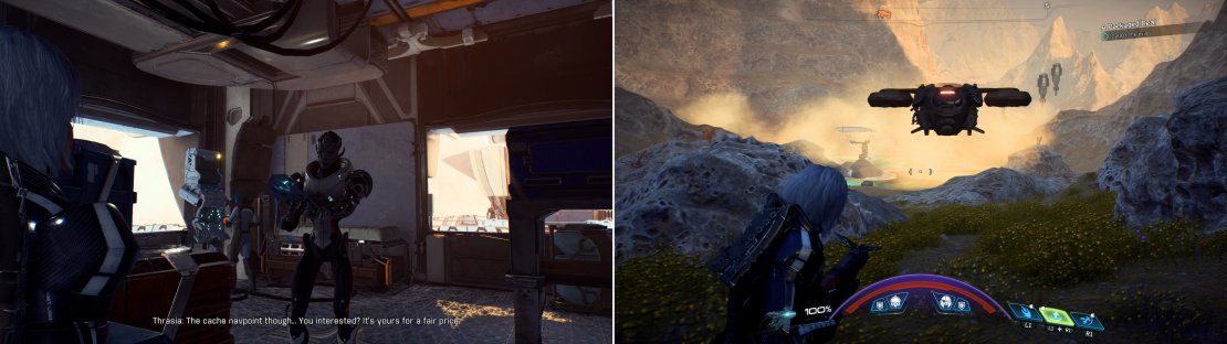 Buy a navpoint off Thrasia (left) then travel to the location she provided, only to find that you&rsquo;re not the only one interested in this place (right).
